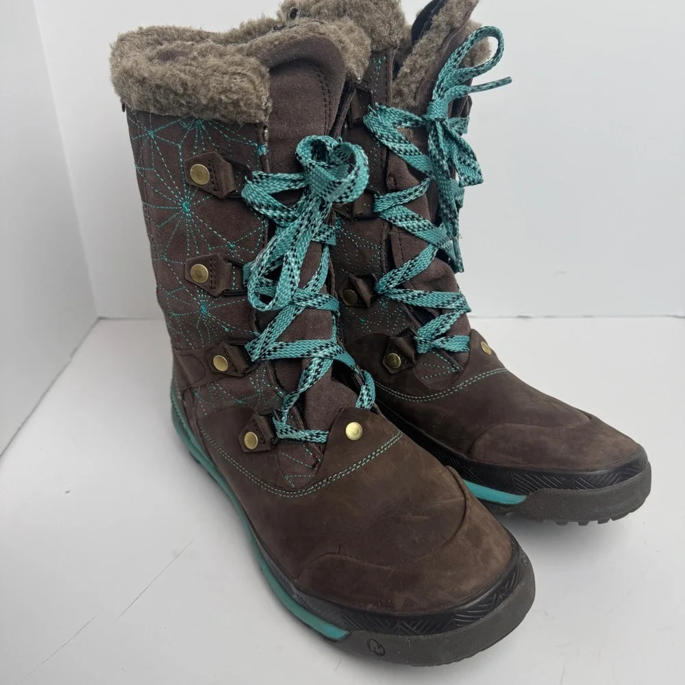 Merrell Bracken Brown Teal Suede Faux Fur Winter Snow Boots Womens 7.5 J42696